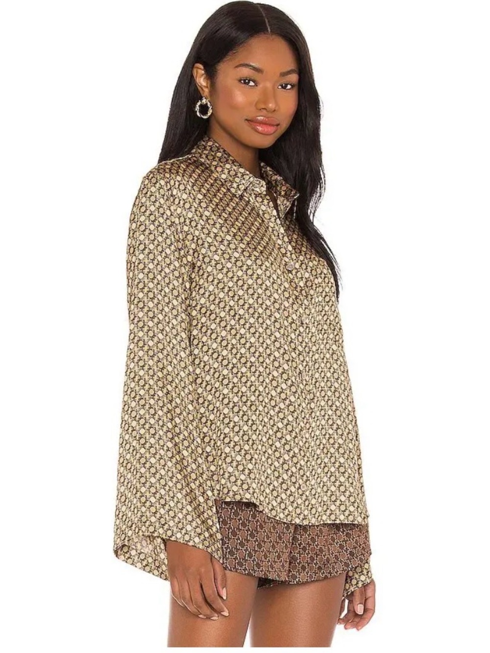 L’ Acadamie M oversized tan chain button down wide sleeve blouse coastal chic